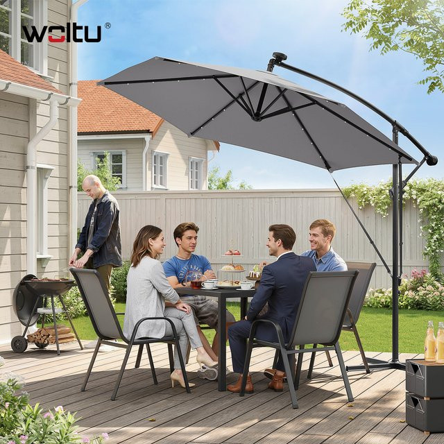 WOLTU Freiarm-Sonnenschirm mit Solar-LED in Grau, sechseckiger Gartenschirm mit UPF 50+ Sonnenschutz für Balkon und Terrasse, B/T/H: 320 x 253,5 x 0 cm - Bild 1