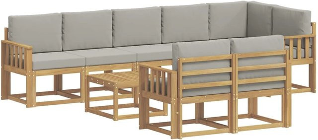 vidaXL Outdoor-Sofagarnitur aus massivem Akazienholz in L-Form, 9-teiliges Set mit Kissen in Weiß und Hellgrau - Bild 1