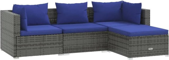 vidaXL 4-tlg Garten-Lounge-Set in L-Form mit Kissen und Ottoman, Grau und Blau, Poly Rattan mit Metallgestell - Bild 1