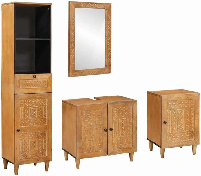vidaXL Badezimmermöbel Set 4-teilig aus Mango Massivholz in Braun mit Waschtischunterschrank, Spiegelschrank, Wandunterschrank und Hochschrank im rustikalen Design - Bild 1