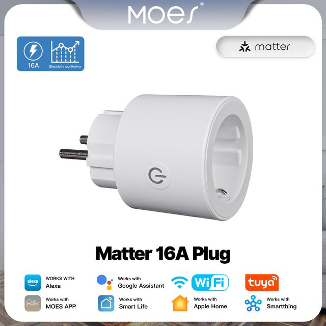 MOES TUYA Smart Matter 16A Wi-Fi Steckdose mit Power Monitor und Timer, Unterstützung für Apple HomeKit, Alexa und Google Home, Weiß - Bild 1