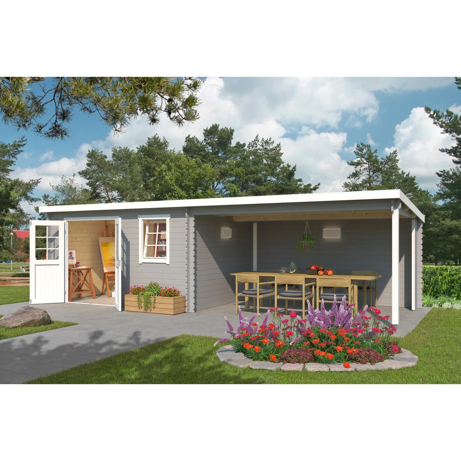 Lasita Holz-Gartenhaus Reno mit Anbaudach, Farbe Lichtgrau, B: 780 cm, T: 313,9 cm - Bild 2