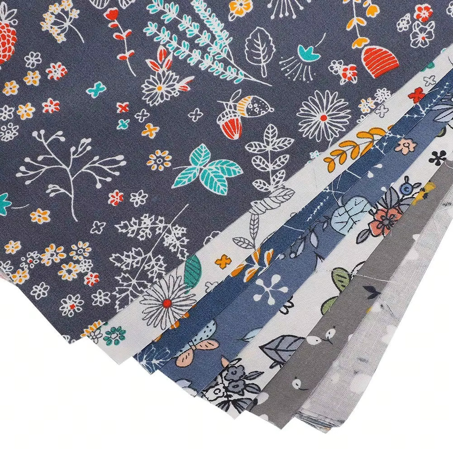 WENYUYA 6-teiliges Baumwollstoff-Set mit Blumen-, Gras- und Blattmustern in Grau, Dunkelblau und Karomuster für DIY-Taschen, B/B/B: 25 x 25 x 25 cm - Bild 3