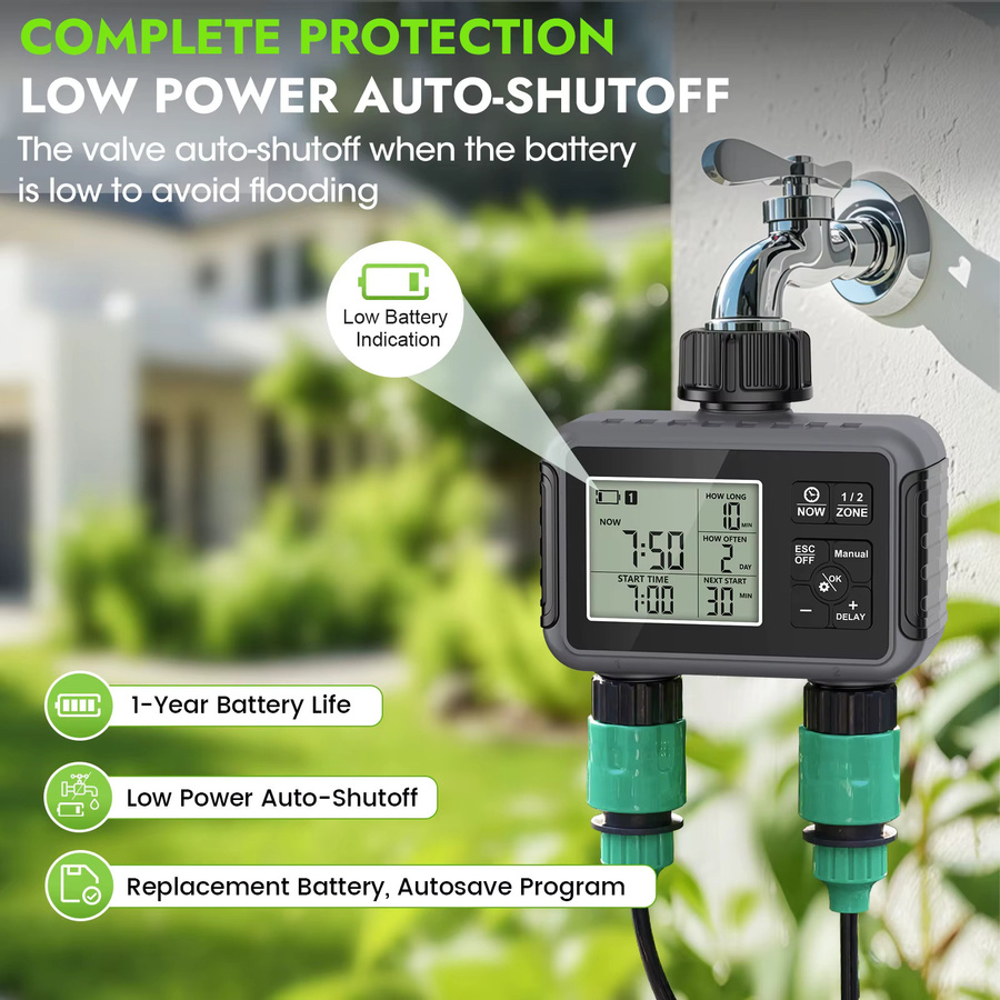 TNCE 1/2-Wege-Wassertimer für Gartenschläuche, programmierbarer Sprinkler-Timer mit Einzel- oder Doppelausgang in Schwarz - Bild 5