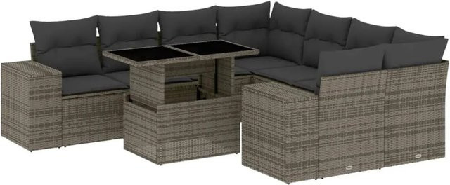 vidaXL 9-tlg Garten-Sofagarnitur in U-Form aus grauem PE-Rattan mit Kissen und pulverbeschichtetem Stahlgestell - Bild 1