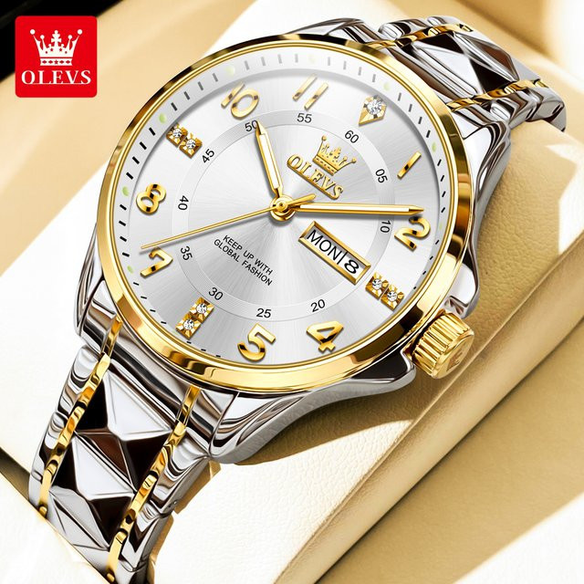 OLEVS Armbanduhr, Quarz, Edelstahl, Gold, Weiß, Herren - Bild 1