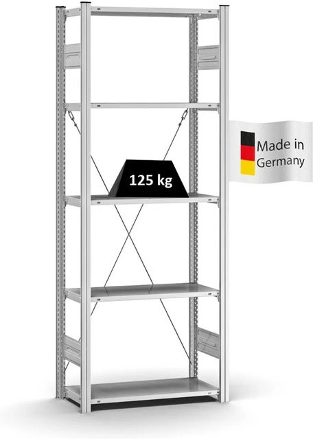 PROREGAL Profi Lagerregal Stecksystem T-Profil Grundregal, Farbe: Silber, H x B x T: 200 x 75 x 30 cm, Fachlast 125 kg, verzinkt - Bild 1