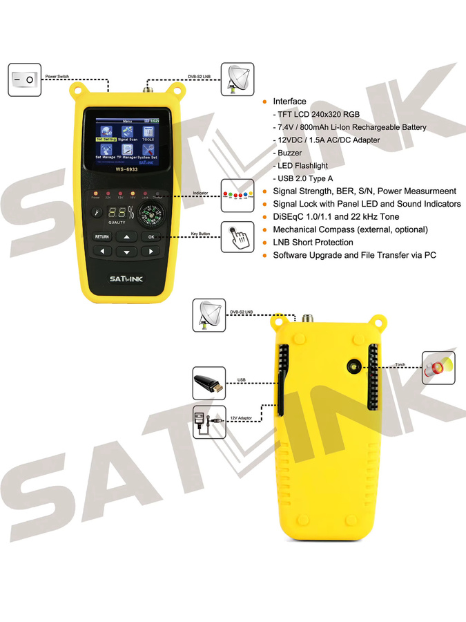SATLINK DVB-S2/DVB-S Satellitenfinder Signaltester Detektor in Schwarz und Gelb - Bild 5