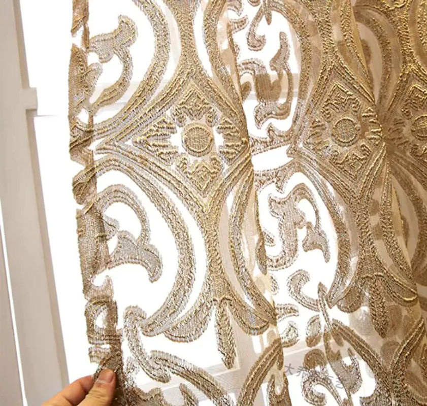 AiFish Luxus Jacquard Tüll Vorhang in Kaffee mit goldenem Draht, transparent, Höhe: 230 cm, Breite: 100 cm - Bild 2