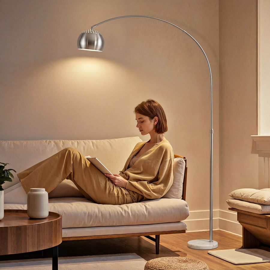 HOMCOM Bogen Stehlampe in Silber mit Marmorsockel und verstellbarem Lampenschirm für Wohnzimmer, Schlafzimmer oder Büro, E27 Fassung - Bild 2