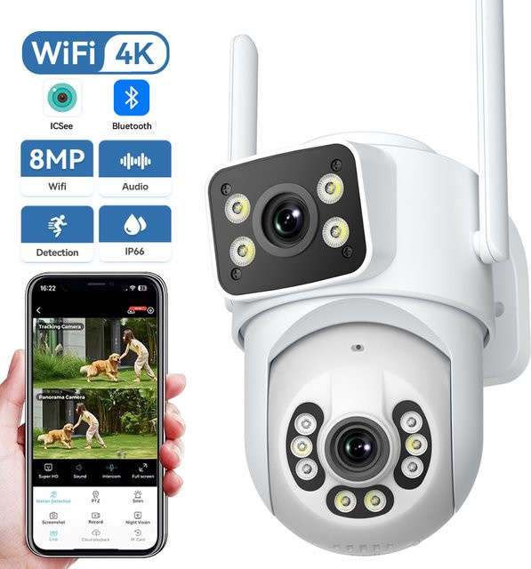 HAMROLTE 4K 8MP PTZ WiFi-Überwachungskamera mit KI-Personenerkennung, Dual-Screen, IP66 wasserdicht, kabellose Außen-CCTV-Sicherheit mit iCSee App, Farbe: Weiß - Bild 1