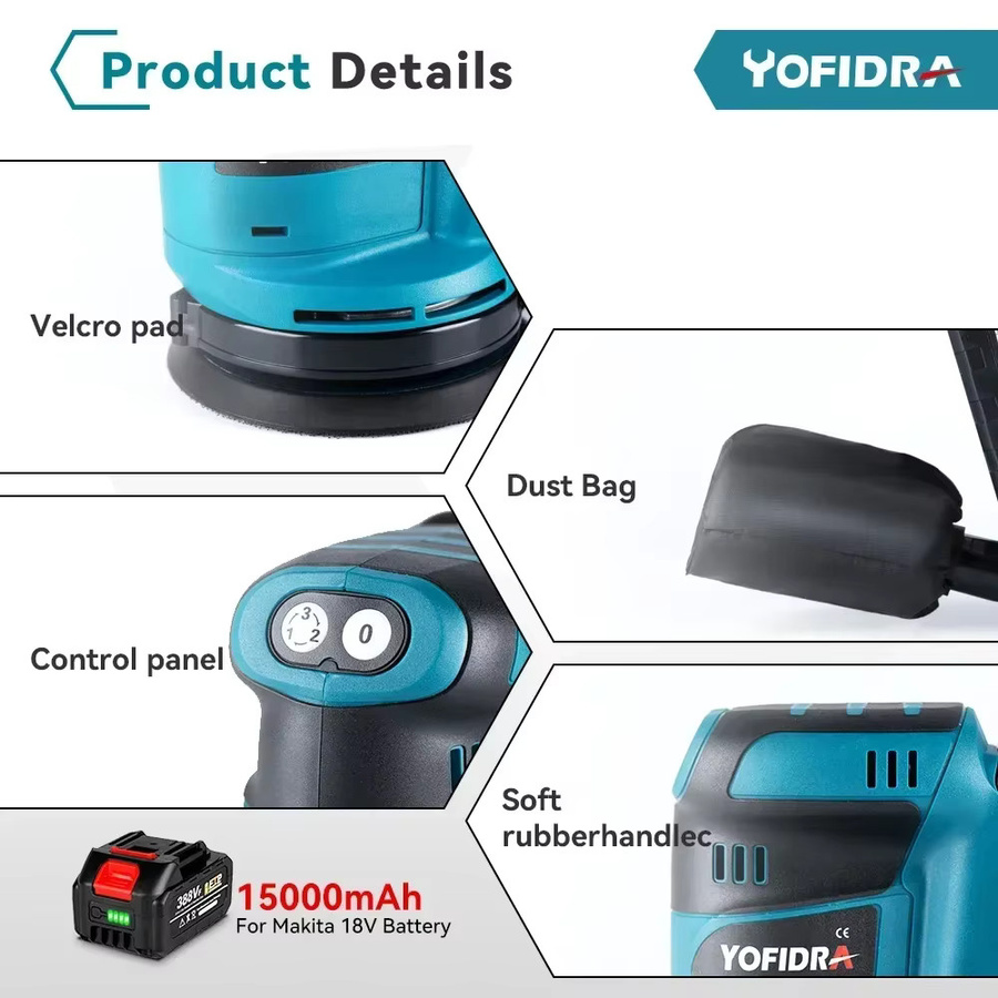 Yofidra 5-Zoll Elektro-Exzenterschleifer in Blau, kabellos und wiederaufladbar, 3-Gang-verstellbar, kompatibel mit Makita LXT Akku-System - Bild 3