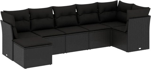 vidaXL 7-teilige Garten-Sofagarnitur in U-Form aus schwarzem Poly-Rattan mit Kissen und pulverbeschichtetem Stahlrahmen - Bild 1