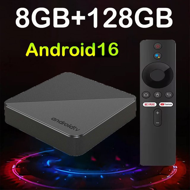 T8 Dual UI Smart TV Box Android 16 Media Streamer mit 4GB/8GB RAM und 64GB/128GB ROM, Dual WLAN, Sprachfernbedienung mit Google Assistant, Schwarz - Bild 1