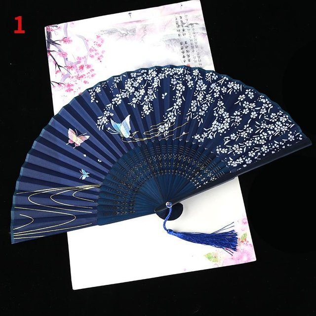 Vintage Seide Faltfächer mit Bambus und Quaste in Blau, Retro Chinesischer und Japanischer Stil für Tanz und Dekoration - Bild 1