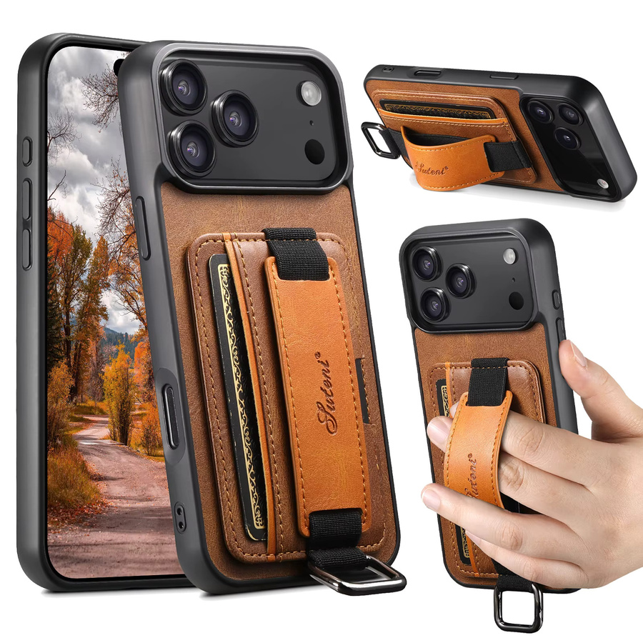 EUCAGR Handyhülle mit Handgelenkband, Ringverschluss und Kartenhalter aus Kunstleder für iPhone 17 Pro Max 16 Plus 15 14 13 12 Pro Max in Braun - Bild 2