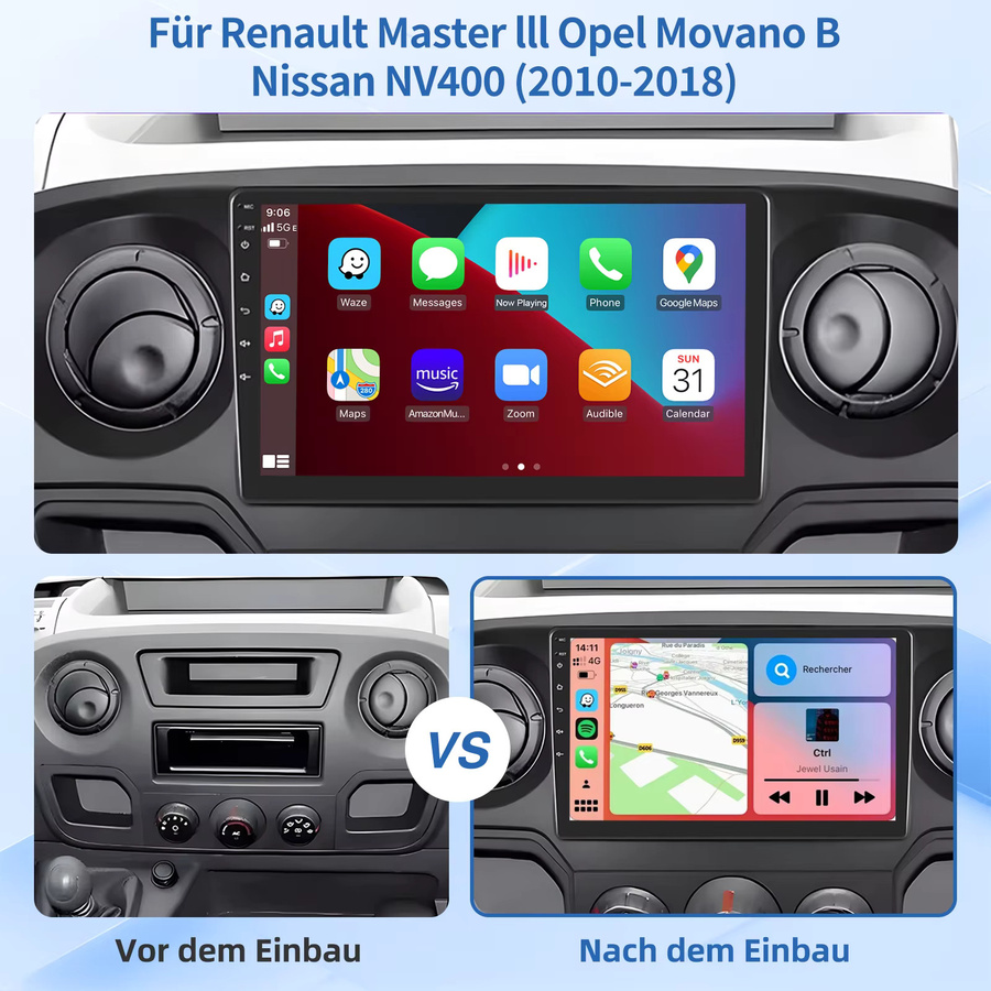 MOPECT Android Auto Radio mit Wireless CarPlay und GPS für Renault Master 3 III, Nissan NV400 und Opel Movano, 2DIN Multimedia Autoradio, Schwarz - Bild 3