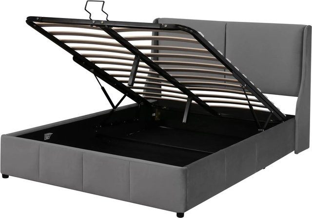 okwish Doppelbett mit hydraulischem Lift-up-Boden, gepolstert in Grau mit Samtbezug, B/T: 140 x 190 cm - Bild 1