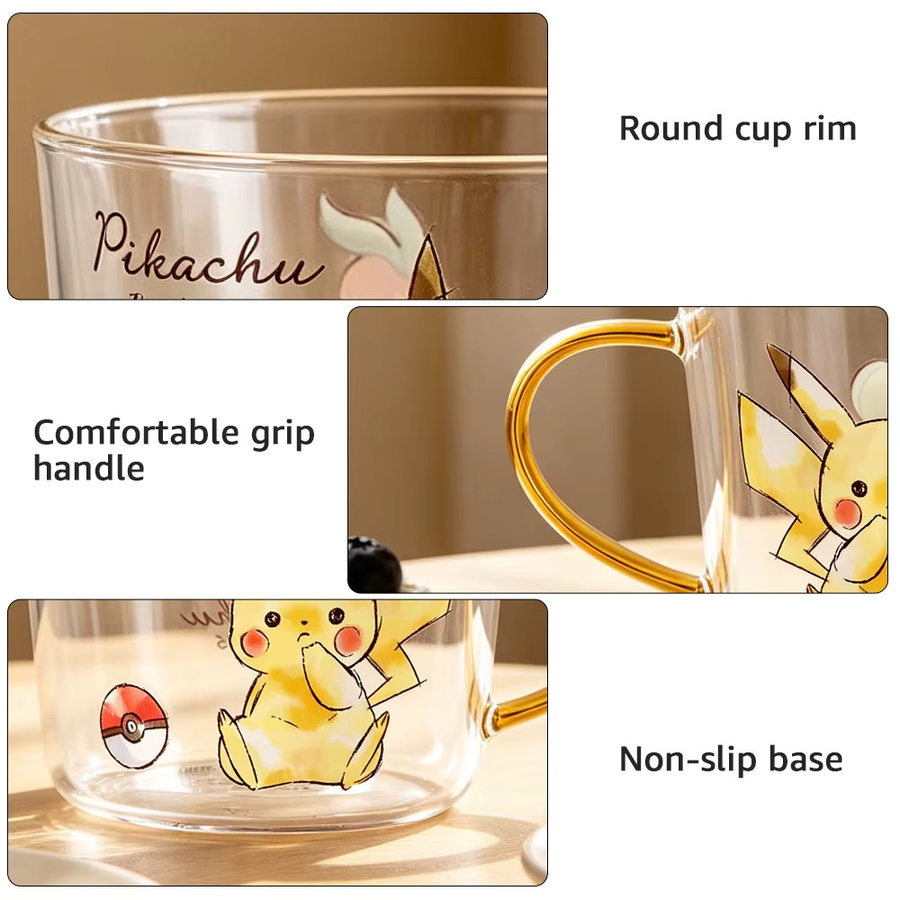 SHUNXIANG Pokémon Pikachu Glas-Wasserbecher aus Borosilikatglas mit Griff, transparent - Bild 3
