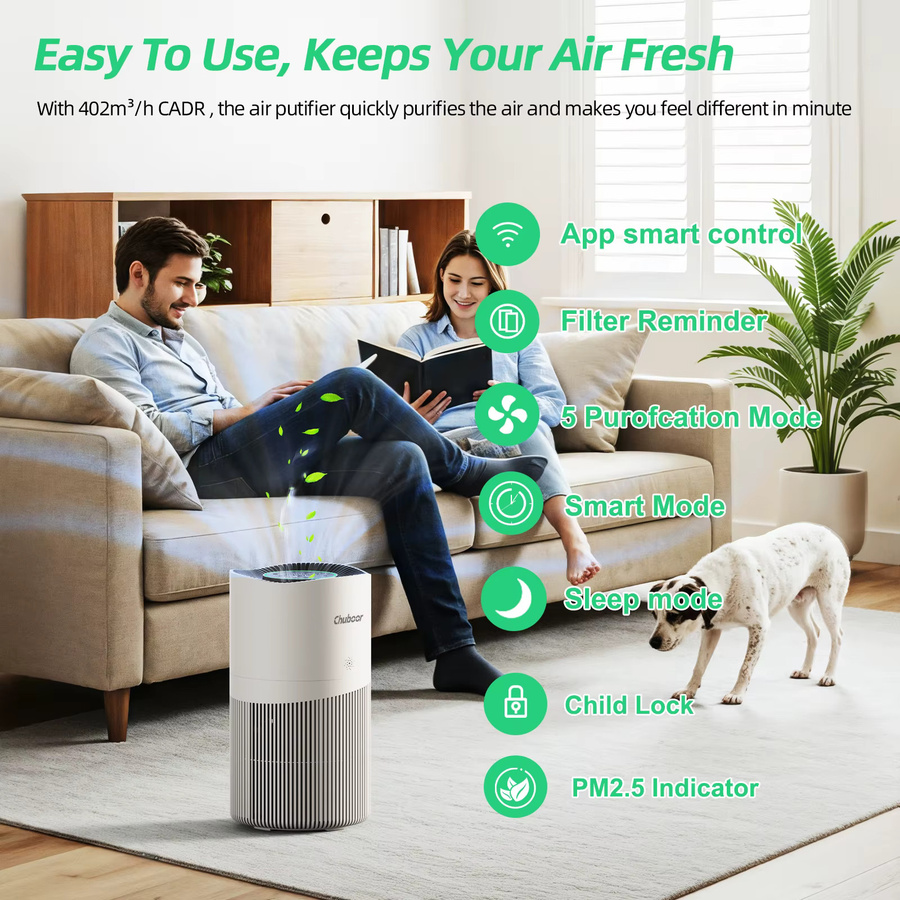 Chuboor Luftreiniger mit H13-HEPA-Filter und WiFi in Weiß für große Räume bis 120 m² mit 402 m³/h Luftleistung - Bild 3