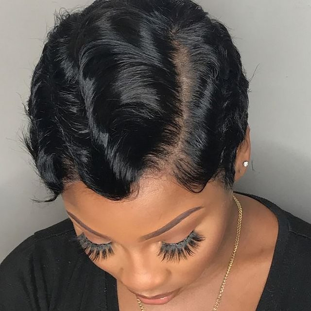 OYM HAIR Pixie-Perücke, Echthaar, lockig, Schwarz, Damen - Bild 1