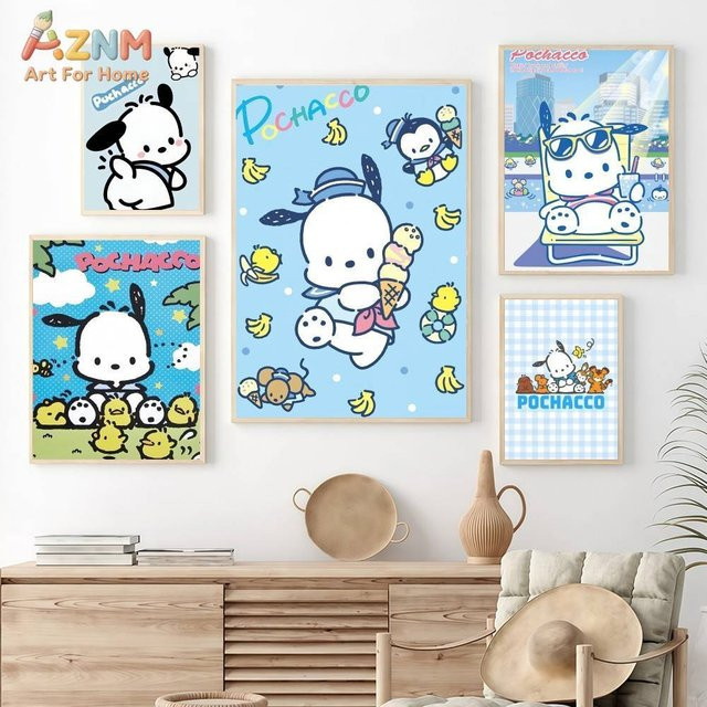 AZNM Sanrio Pochacco Leinwand-Wandkunst mit Sommer-Eiscreme-Bananen-Motiv in Blau - Bild 1