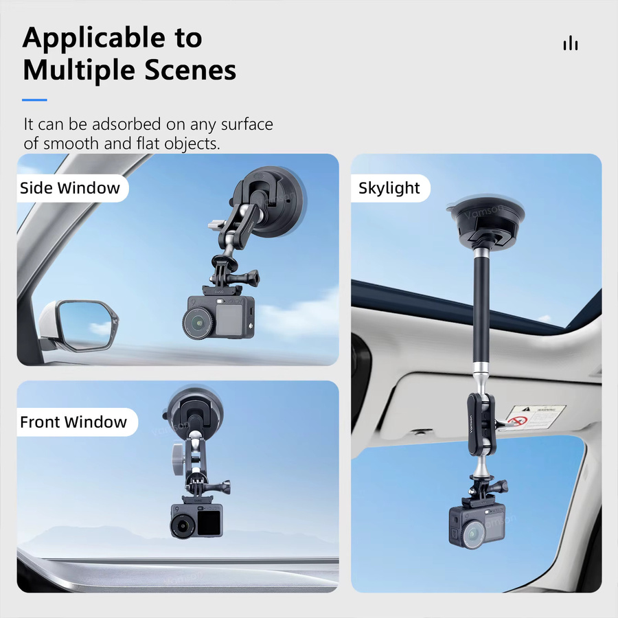 Vamson Auto-Saugnapfhalterung für DJI Osmo Action 6/5/4/Nano, 360 Grad schwenkbare Vakuum-Windschutzscheibenhalterung in Schwarz - Bild 2