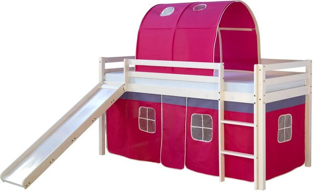 Homestyle4u Kinder Hochbett aus Kiefernholz in Weiß mit Rutsche und pinkem Vorhang, B/T/H: 90 x 200 x 156 cm - Bild 1