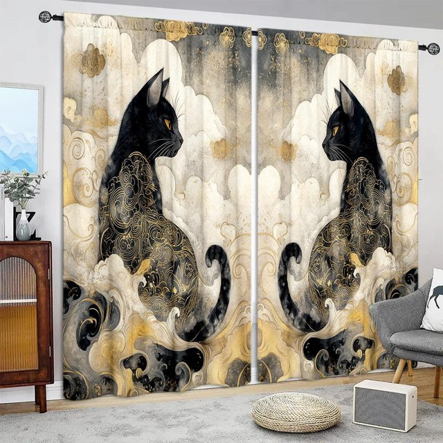 2er-Set Moiré Vorhang mit Katzenprint in Schwarz, halbtransparent, B: 52,5 cm, H: 116 cm - Bild 1