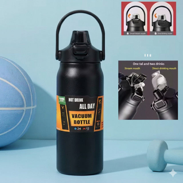 XMSJ Isolierte Wasserflasche aus 304 Edelstahl mit Strohhalm, Vakuum-Thermobecher für Heiß- und Kaltgetränke, Schwarz oder Weiß - Bild 1