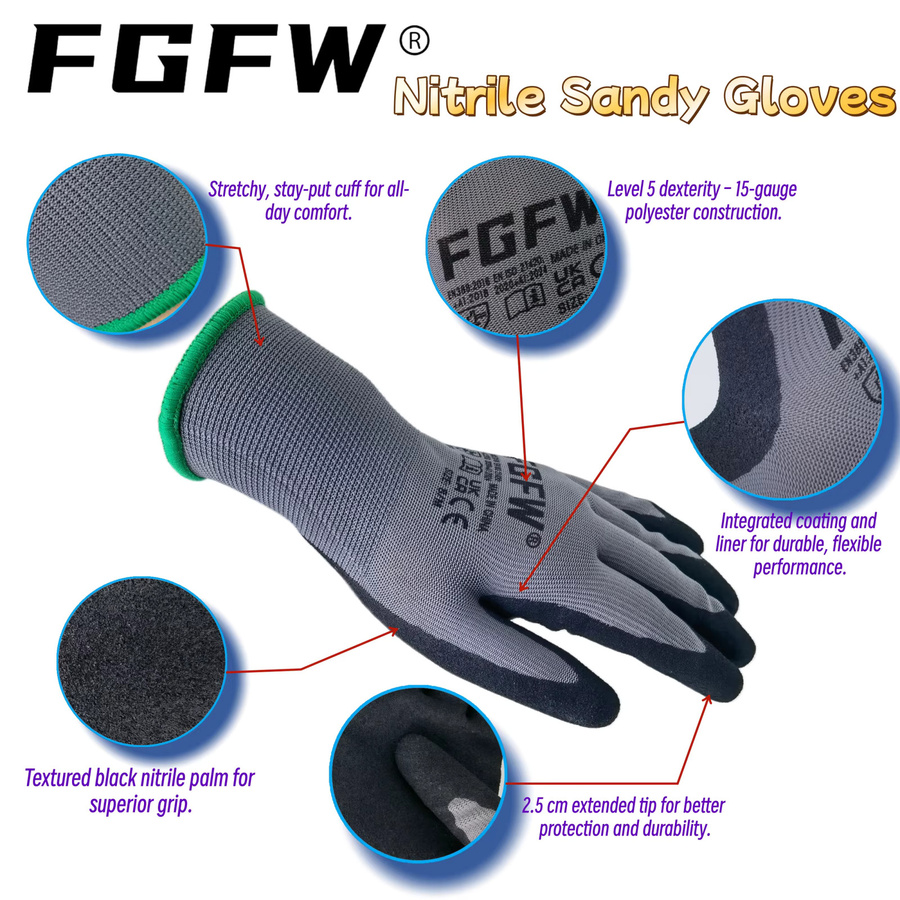 FGFW 10 Paar Arbeitshandschuhe aus Nitrilschaum in Grau, EN388 Level 4 Mechanikerhandschuhe für Industrie und Autoreparatur - Bild 2