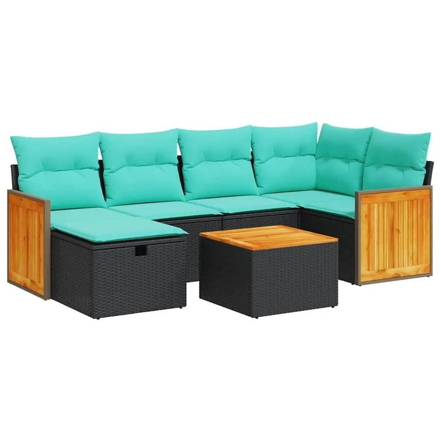vidaXL 7-teilige Garten-Sofagarnitur in L-Form aus Polyrattan mit Kissen und Couchtisch in Schwarz - Bild 2