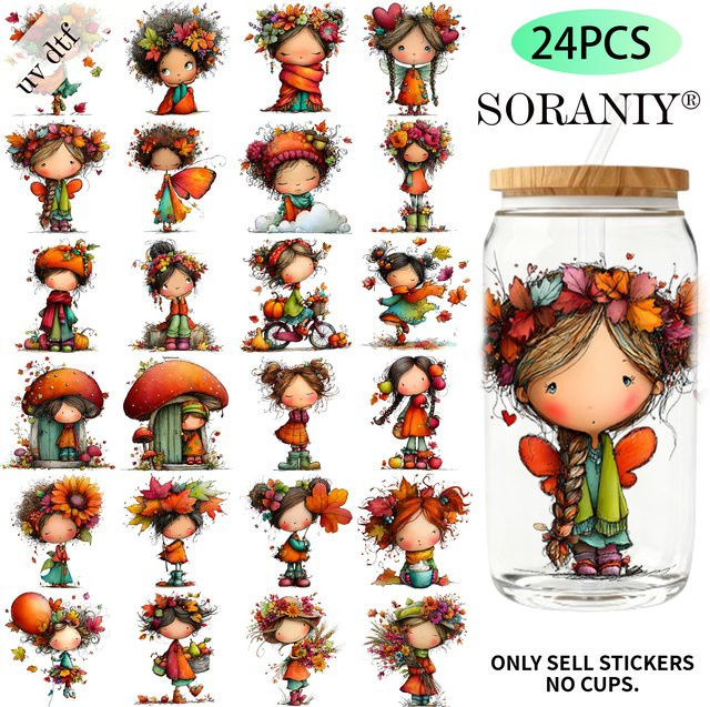 24-teiliges Set UV DTF Transferpapier-Aufkleber mit Herbst-Mädchen-Motiven in Multicolour für 16oz DIY-Projekte - Bild 1