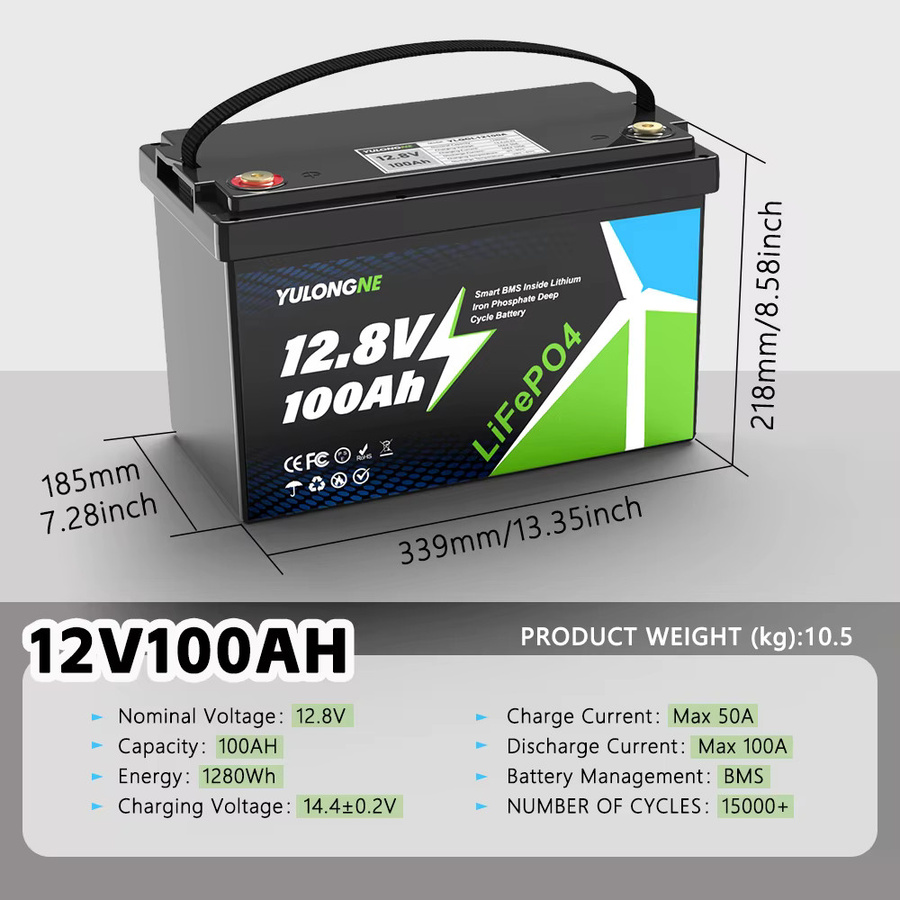 YULONGNE LiFePO4 Batterie 12,8V 100Ah mit integriertem Smart BMS in Schwarz für Solar, Wohnmobile und Boote - Bild 7