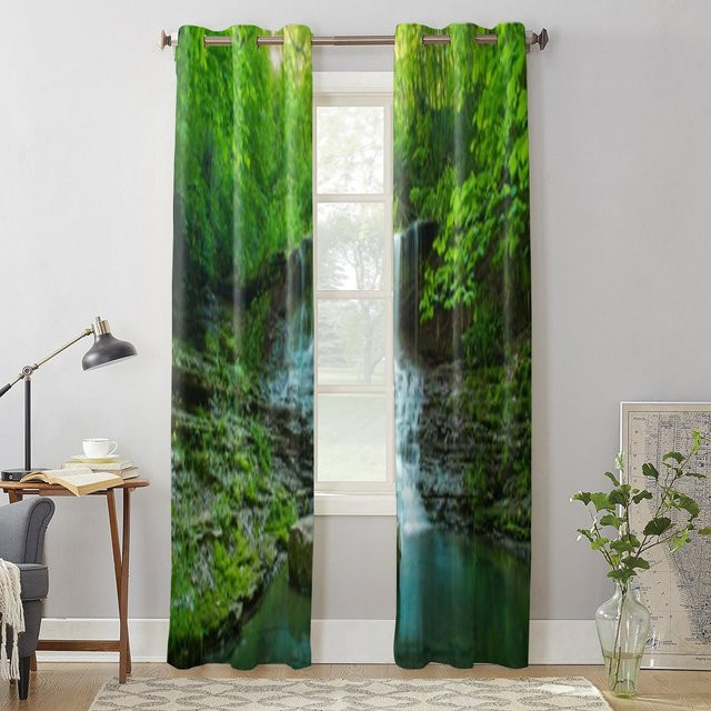 Super Six Vorhang mit Berg-Regenwald-Wasserfall Motiv in Schwarz und Grün, semi-transparent, Breite: 135 cm, Höhe: 60 cm - Bild 1