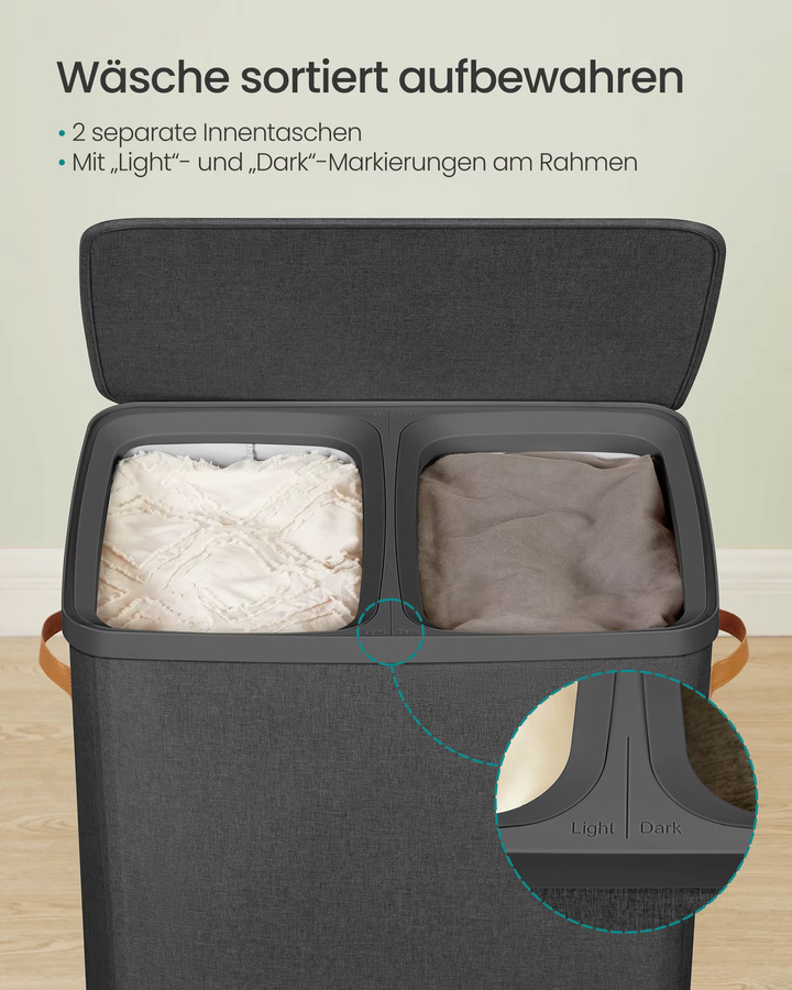 SONGMICS Wäschekorb mit 2 Fächern und Deckel in Beige, 170 l, B/T/H: 56 x 40 x 75 cm - Bild 3