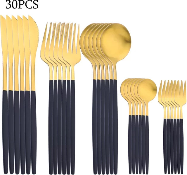 30-teiliges JANKNG Besteckset aus Edelstahl in Gold und Silber mit mattem Finish bestehend aus Messern, Gabeln und Löffeln - Bild 1