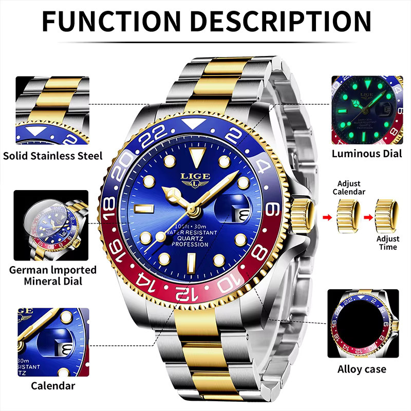 LIGE Armbanduhr Edelstahl, Quarz, Herren, Blau - Bild 2