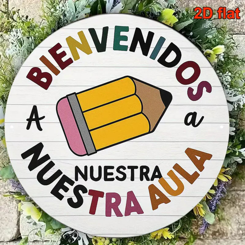 Rundes Vintage-Willkommensschild aus Metall in Weiß mit spanischem Slogan Bienvenidos a Nuestra Aula, Durchmesser: 20,32 cm - Bild 3