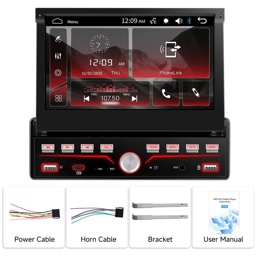 Podofo 7-Zoll 1Din Auto-MP5 Multimedia-Player mit ausfahrbarem IPS-Bildschirm, Bluetooth, Typ-C und Mirror Link in Schwarz - Bild 3
