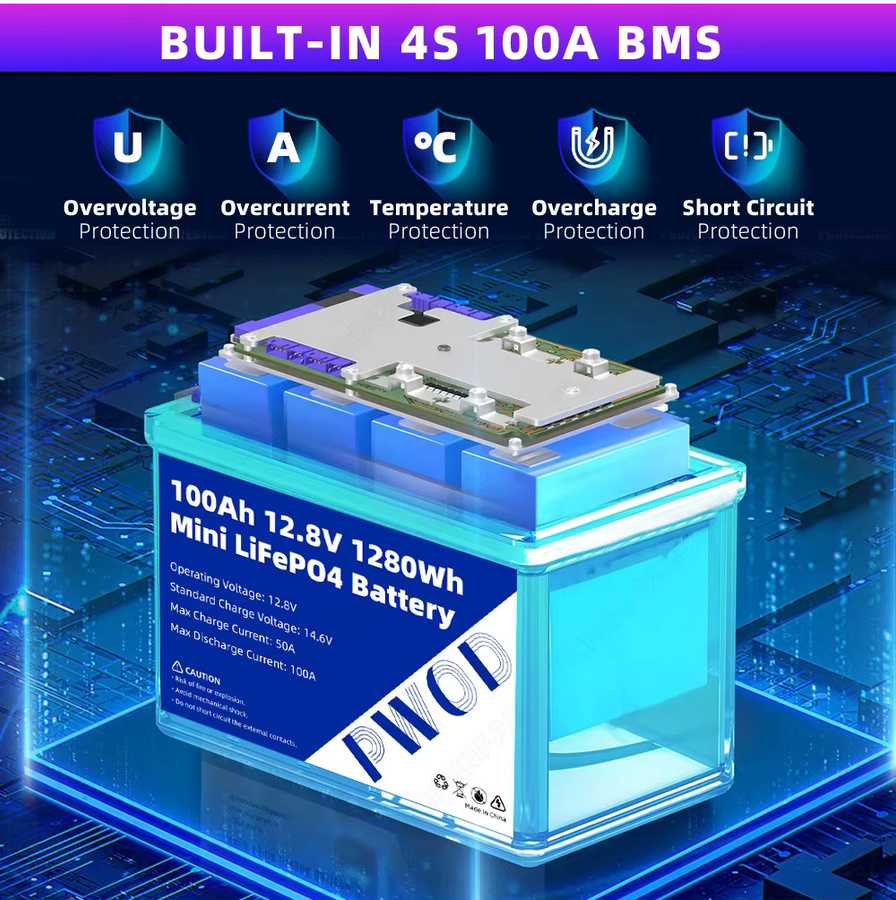 PWOD LiFePO4 Batteriepack Gruppe 24, 12V 100Ah 1280Wh, mit integriertem Smart-BMS, Grade-A-LFP-Zellen für Heimenergiespeicher und Solarstromerzeugungssysteme - Bild 2