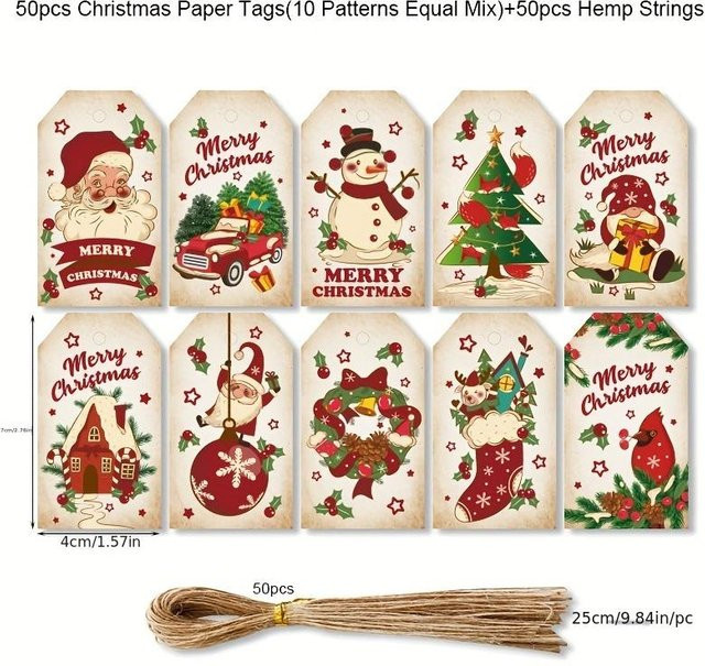 SZ-Damai Weihnachtsanhänger im Retro-Design als Weihnachtsbaum-Dekoration und Nachrichtenkarte, Beige, 50 Stück - Bild 1