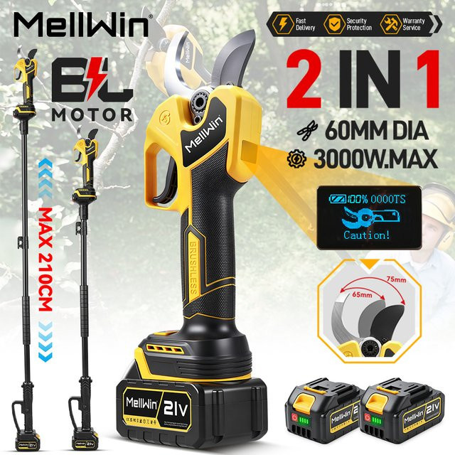 MELLWIN Bürstenlose elektrische Gartenschere mit 60 mm Schneidwerk und 180 cm Teleskopstange für Makita LXT 18V Akku, Gelb - Bild 1