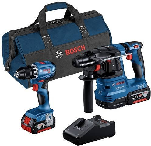 Bosch Professional Kombi-Set 18V mit Akku-Bohrschrauber GSR 18V-45, Akku-Bohrhammer GBH 18V-22, 2 x 4,0Ah Akkus und Schnellladegerät in Blau - Bild 1