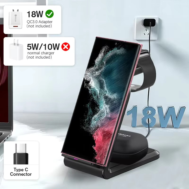 VIKEFON 3-in-1 kabelloser Ladeständer Schwarz für iPhone, Samsung Galaxy und Apple Watch sowie AirPods Pro als Schnellladestation - Bild 3