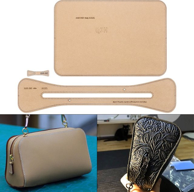 QJH DIY-Lederhandwerk Nähschablone aus Kraftpapier für eine Geldbörse mit Reißverschluss, Beige - Bild 1