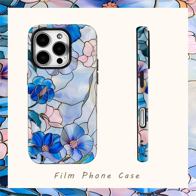Blau-rosa Buntglas-Blumen-Handyhülle mit doppellagiger Rückseite für iPhone 17 Pro Max Plus 16 15 14 13 12 11 und iPhone 17AIR 16E - Bild 1