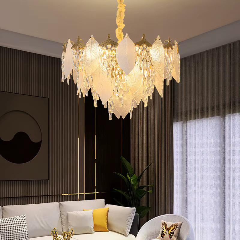 JIANKEXING Kristall-Pendelleuchte in Blatt-Form, Gold/Messing, Transparent, Warmweißes Licht für Wohnzimmer, Schlafzimmer und Küche - Bild 3