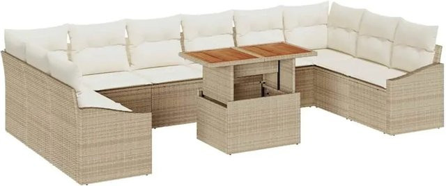 vidaXL Garten-Sofa-Set aus Poly-Rattan in Beige, 11-teiliges U-förmiges Lounge-Set mit Stauraum und Polsterkissen - Bild 1