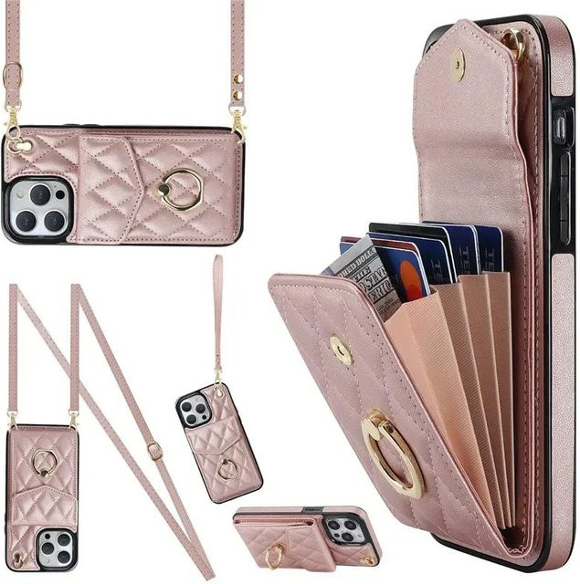 G.MING Crossbody Lanyard Leder Geldbörse und Handyhülle für iPhone 17 Pro Max 16 15 14 13 12 11 in Pink und Purple - Bild 1